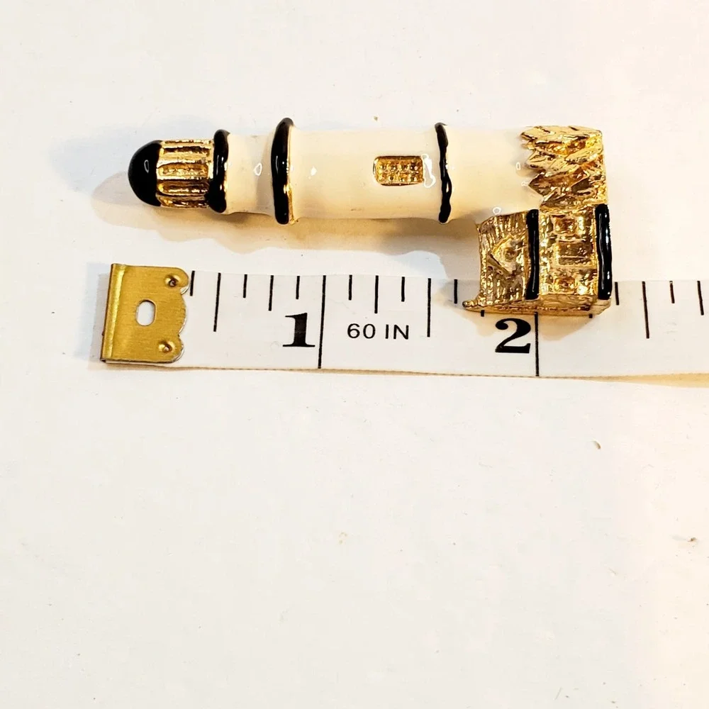 Vintage Gold Tone Cream Black Enamel Lighthouse Brooch Pin Costal Nautical